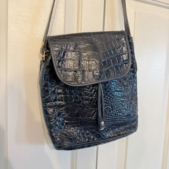 Vintage Navy Blue Croc Leather Crossbody Bucket Bag - Picture 2 of 10
